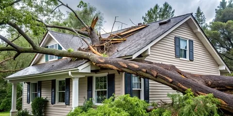 Fallen tree on a building in Columbia SC requiring emergency tree removal after storm damage.