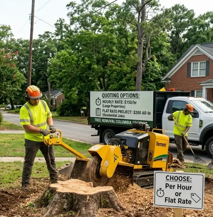 A tree technician in Columbia, SC, measuring a 24-inch tree stump with a tape measure to calculate per-inch grinding costs. A clipboard shows a $72 estimate with a $100 minimum charge.