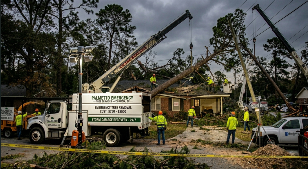 Emergency tree removal crew in Columbia, SC using multiple cranes and light towers to lift a large pine tree off a house roof near Dominion Energy power lines.