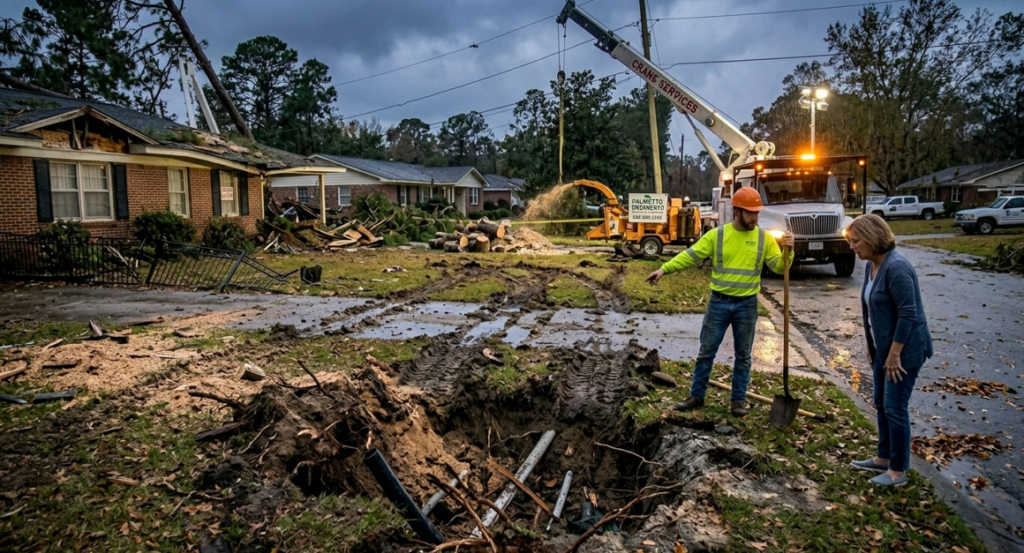 Alt Text: Storm damage aftermath showing lawn compression, root holes, and debris after emergency tree removal in Columbia SC property cleanup.