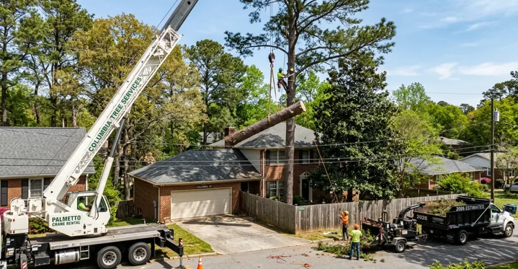 A large truck-mounted crane lifting a heavy log section of a tall loblolly pine safely over a residential roof and fence line during a professional tree removal job in a Columbia, SC neighborhood.