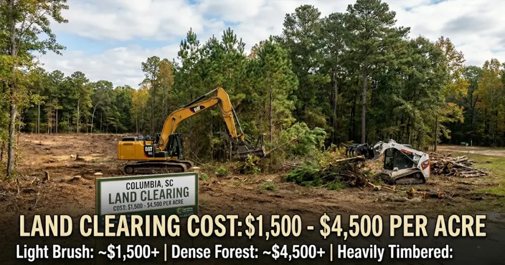 Land clearing equipment removing trees and brush for acreage development in Columbia SC