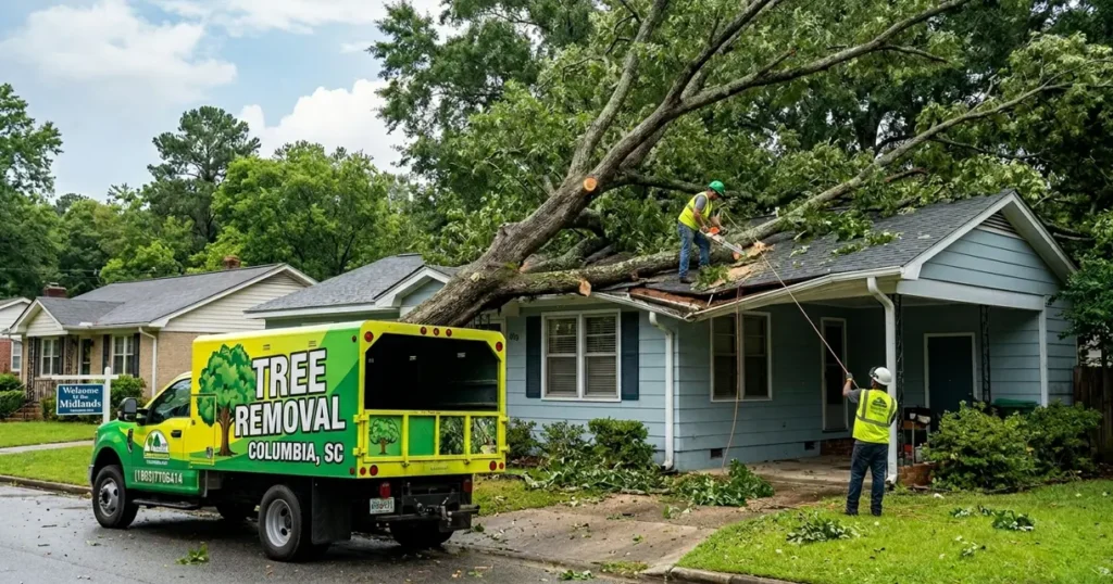 Tree removal service near a damaged home in Columbia SC after a storm for homeowners insurance coverage discussion