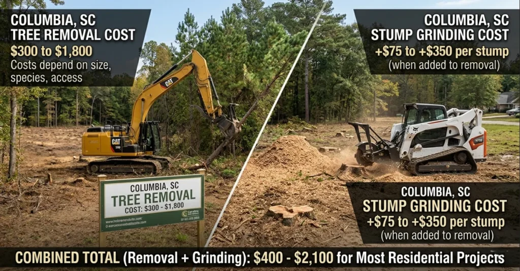Comparison of tree removal and stump grinding services in Columbia, SC with workers removing a tree and grinding a stump.