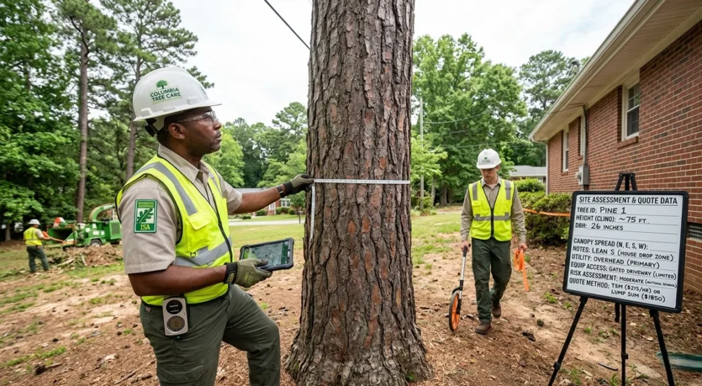 Arborist measuring tree size for removal quote in Columbia South Carolina