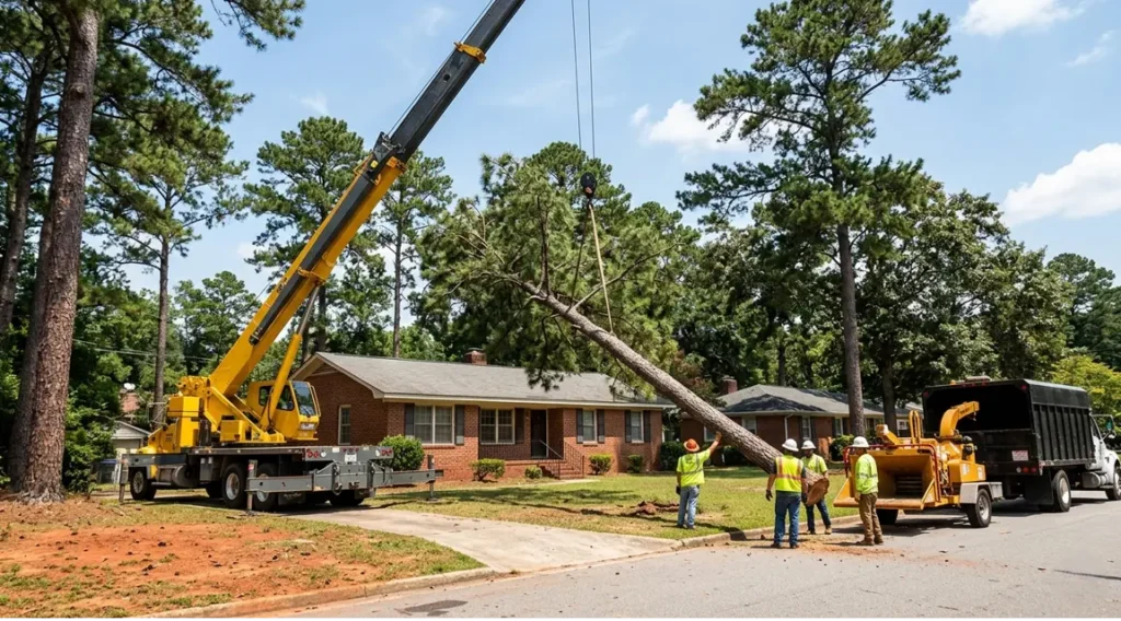 Crane-assisted tree removal project in Columbia SC showing large crane lifting hazardous tree sections during safe residential tree removal service.