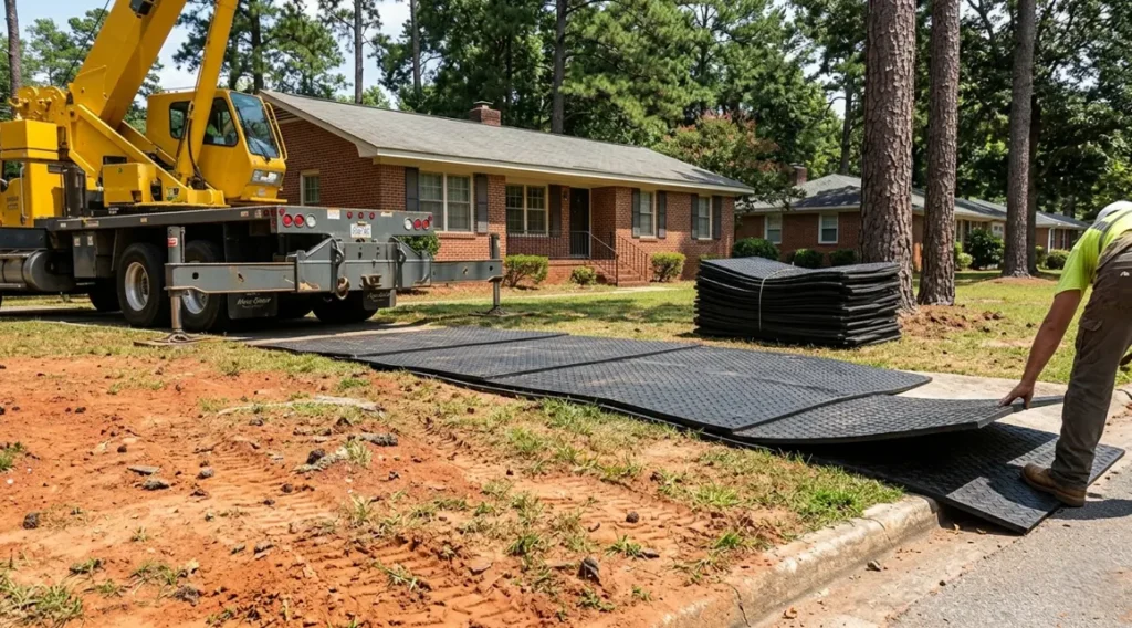 Crane tree removal service in Columbia SC using ground protection mats to prevent lawn and landscape damage during large tree removal.