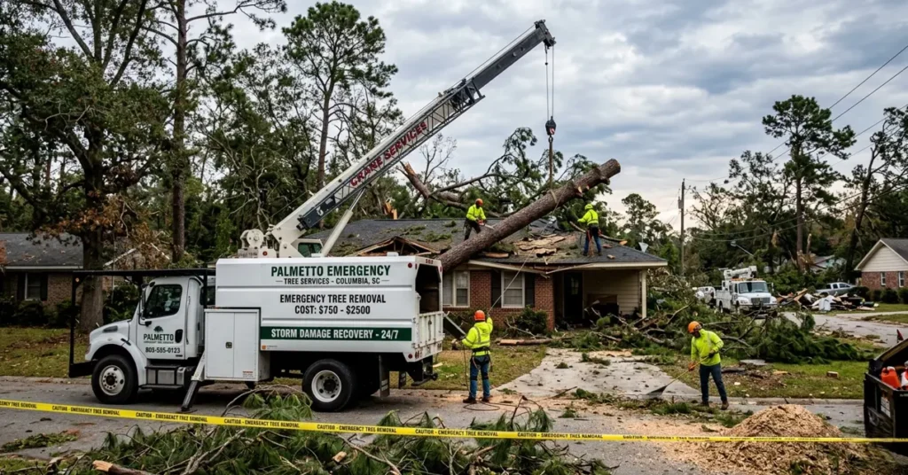 Emergency tree removal crew using a crane to clear a fallen pine tree from a roof after a storm in Columbia, SC.