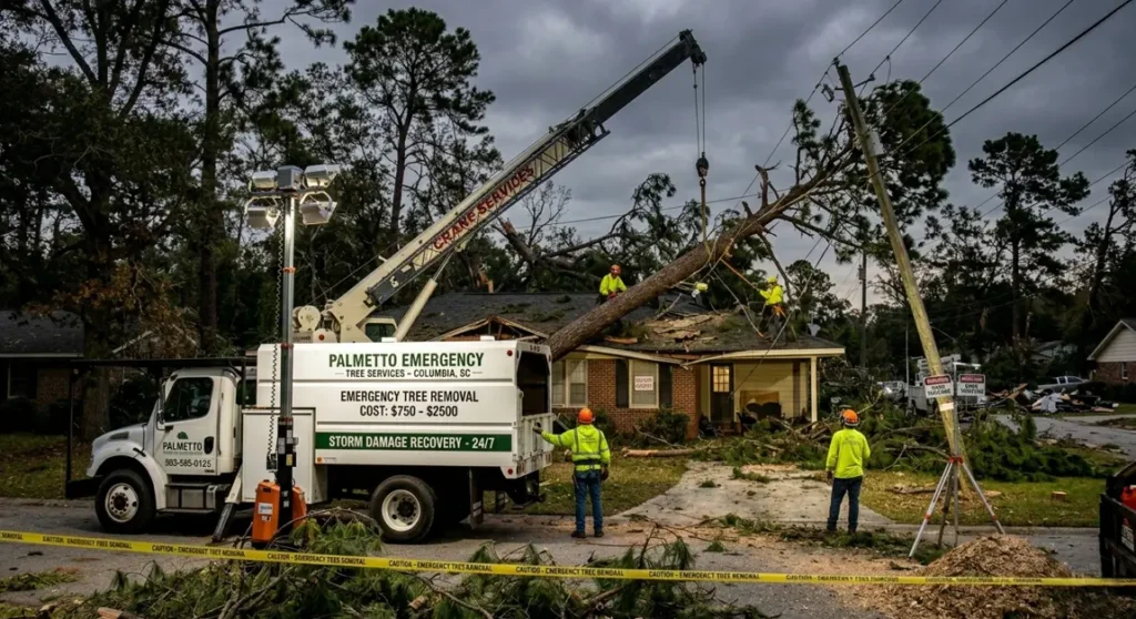 Palmetto Emergency Tree Service crew using a crane and light tower to remove a large storm-damaged tree from a house roof in Columbia, SC, at night. The service truck displays cost ranges.