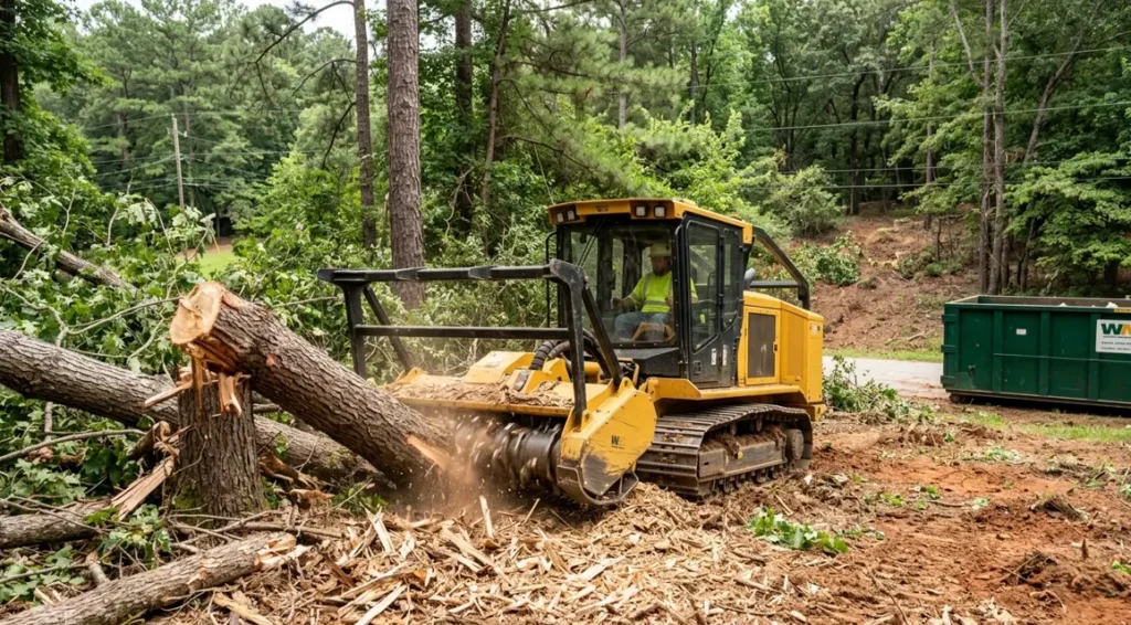 Land clearing project in Columbia SC showing trees, brush, and heavy machinery affecting clearing costs