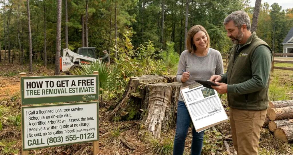 Homeowner receiving a free tree removal estimate from a professional arborist in Columbia SC with large trees in the yard.