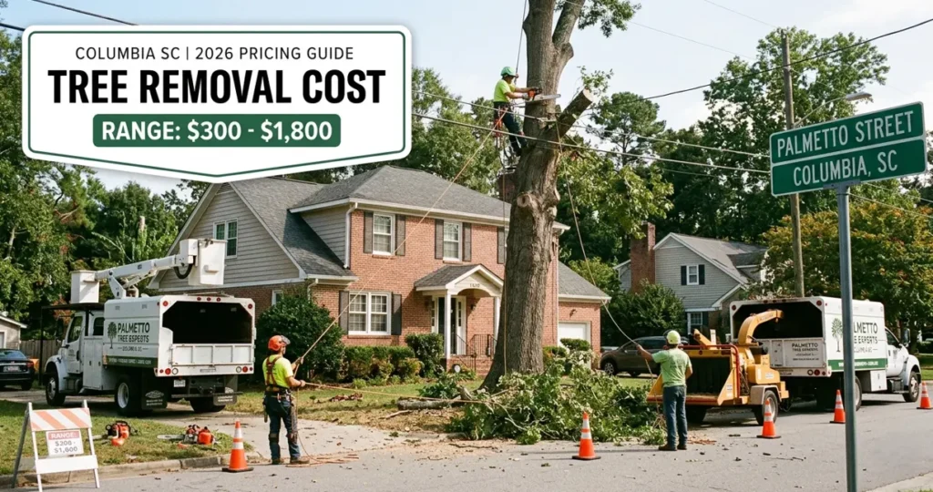 Professional tree removal crew using a bucket truck and wood chipper at a residential home in Columbia, SC, with a 2026 pricing range of $300 to $1,800.