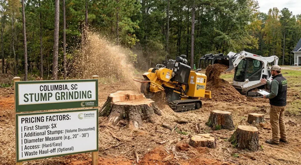 Stump grinding machine removing a large tree stump in a residential yard in Columbia, SC.