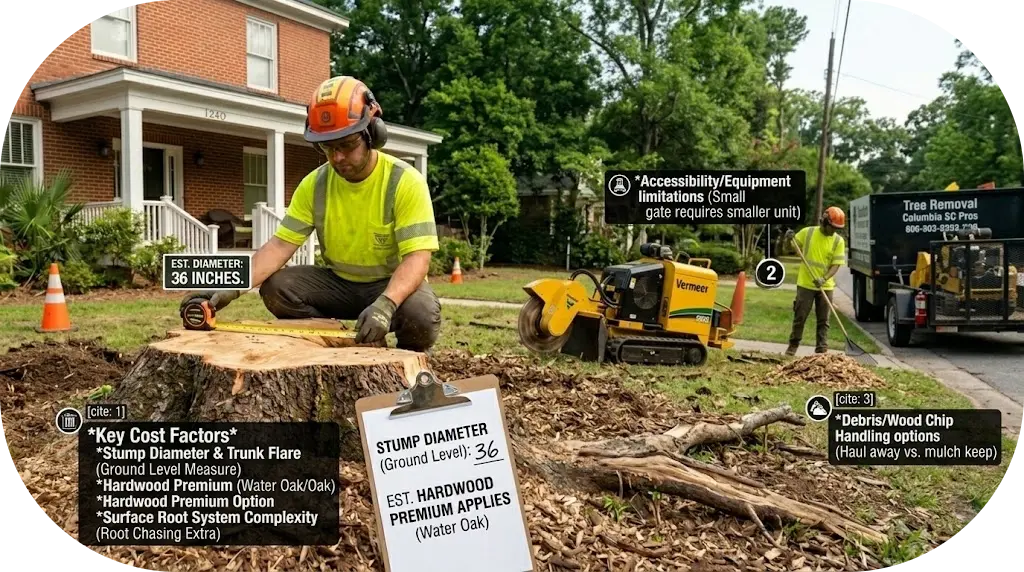 Large oak tree stump being ground in Columbia SC showing how stump size and wood hardness affect stump grinding cost