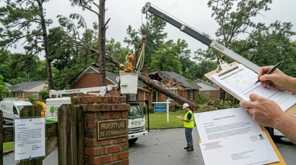 Neighbors discussing responsibility for a fallen tree between properties in Columbia SC