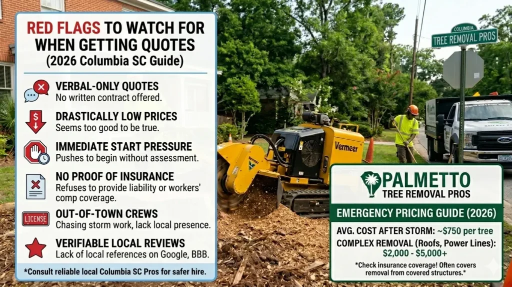 Infographic showing red flags for tree removal quotes in Columbia, SC, such as no written contracts or insurance, alongside a professional crew from Palmetto Tree Removal Pros.