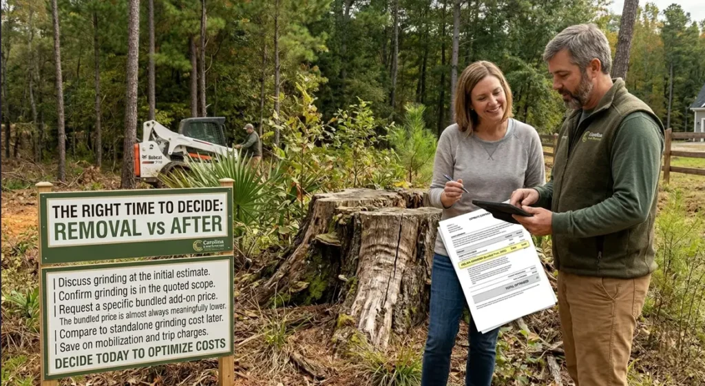 Homeowner discussing stump removal options with a tree service professional after tree removal in Columbia, SC.