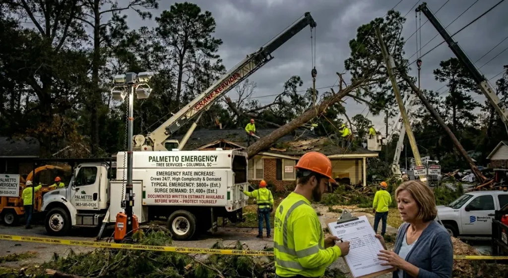 Storm surge demand increasing stump grinding and emergency tree service prices in Columbia SC with crews working during disaster conditions.