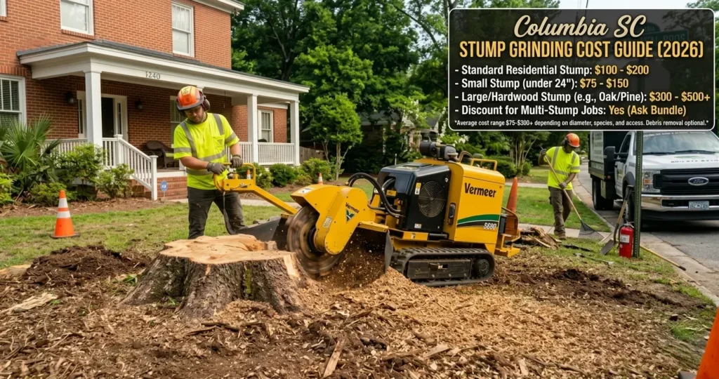 Professional tree service crew using a yellow Vermeer stump grinder in Columbia, SC, with a 2026 pricing table for residential and hardwood stumps.