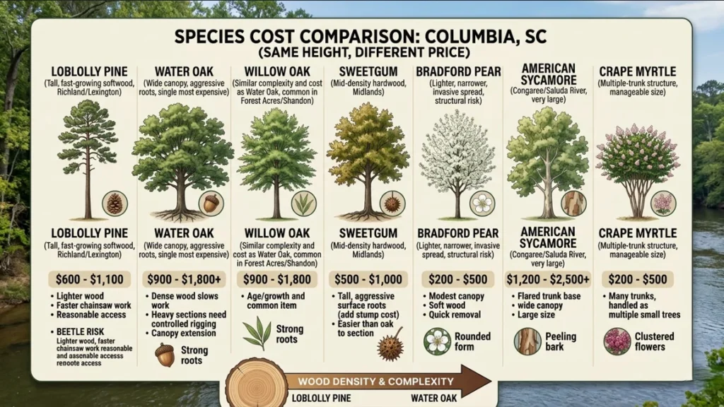 Tree species comparison affecting removal pricing in Columbia South Carolina