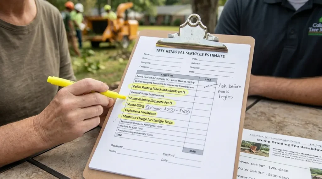 Large tree stump removal project showing surprise charges in Columbia SC
