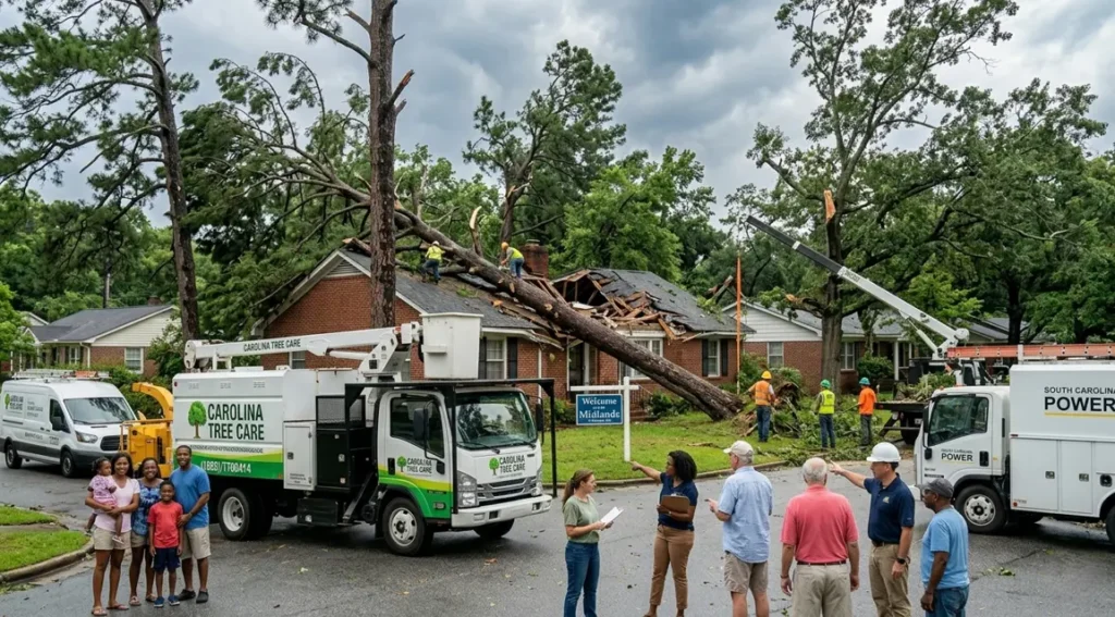 Fallen tree being removed from a house in Columbia SC after storm damage covered by homeowners insurance