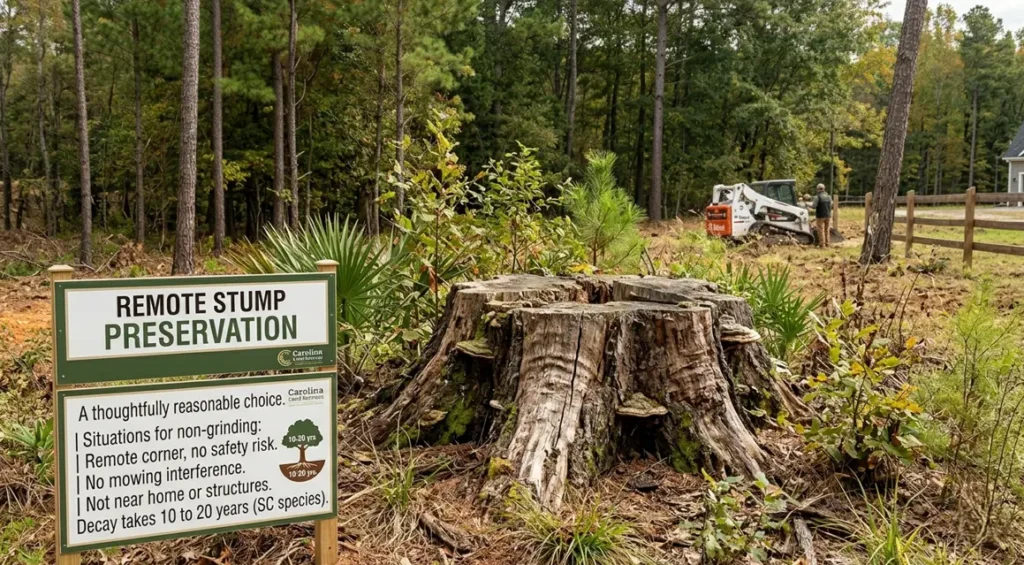 Tree stump left in a backyard landscape in Columbia, SC as a homeowner considers whether removal is necessary.