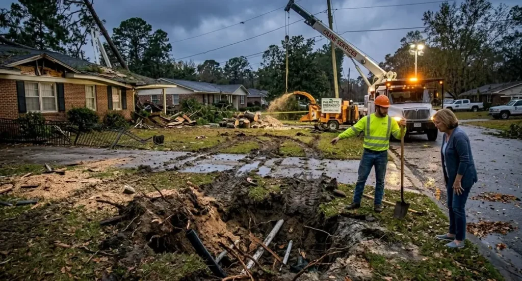 Storm damage aftermath showing lawn compression, root holes, and debris after emergency tree removal in Columbia SC property cleanup.