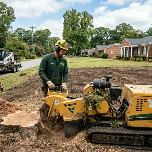 Trevor Simms operating stump grinding equipment during land clearing in Cayce SC